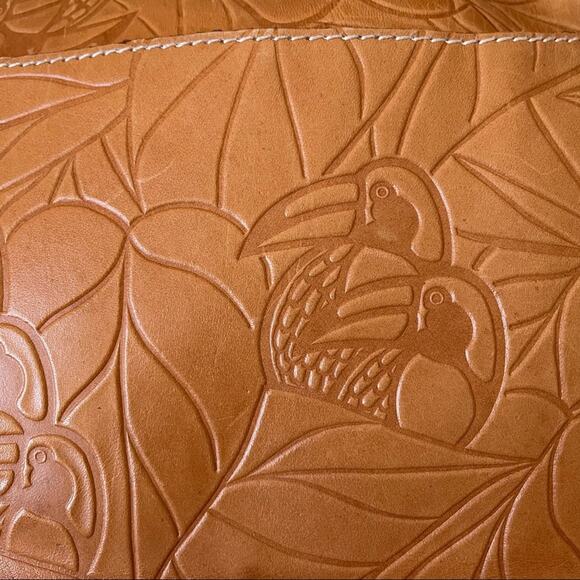Vintage Debra Lynne Tooled Leather Bag Toucan Birds Leaves Tan Brown GUC - Picture 3 of 9